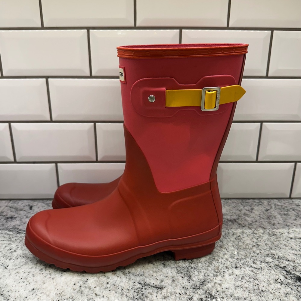 Hunter Women 10 Original Short Rain Boots Red Pink Color Block WFS2026RMA Buckle - Picture 3 of 8